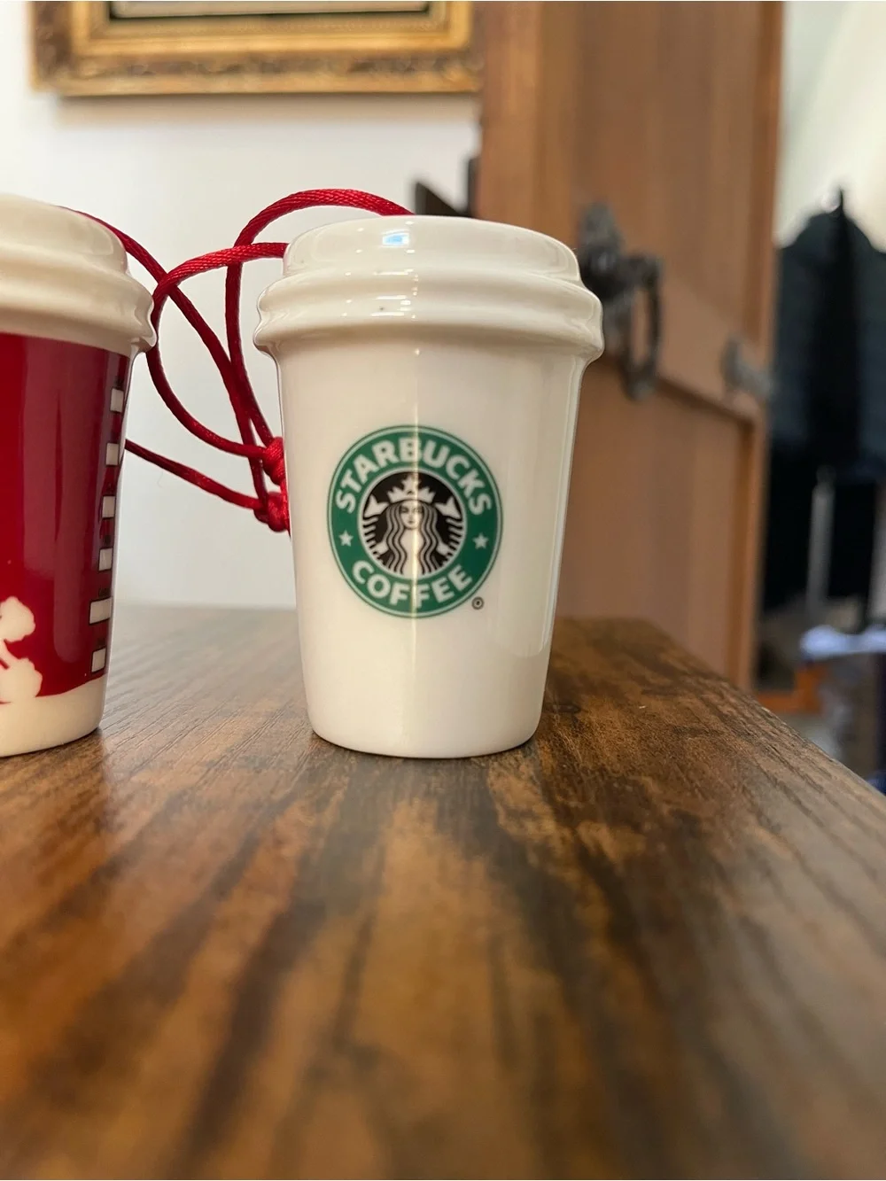 Starbucks Red & White Ceramic Coffee Cup Ornaments with Logo